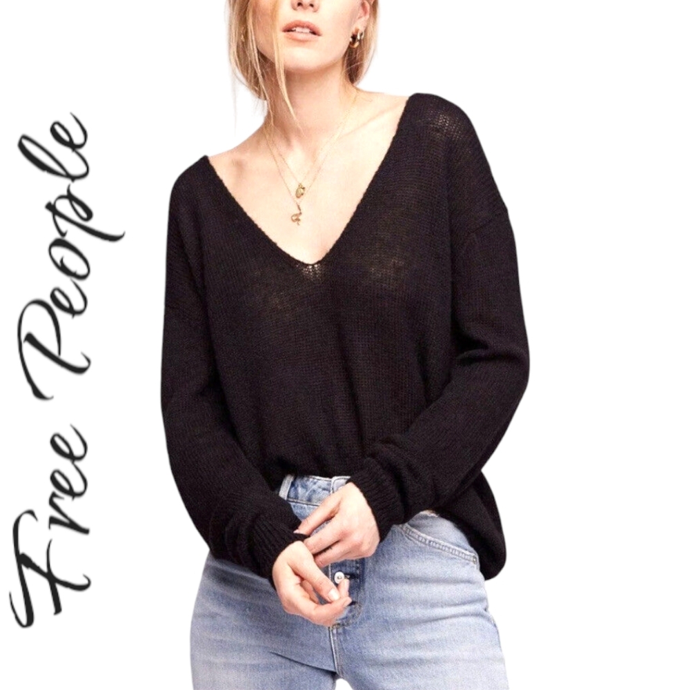 Free People Alpaca Wool Blend Gossamer V Neck Black Knit Oversized Sweater